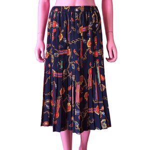 Vintage 80s L Midi Skirt Pleat Chain Medal Print Navy Blue A-Line Elastic Waist